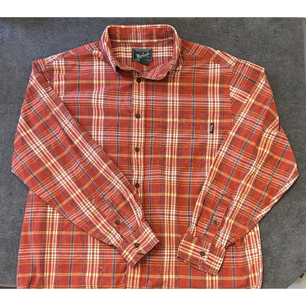 Woolrich Button Up Shirt Mens Size XL Orange Plaid Long Sleeve Cotton Pocket